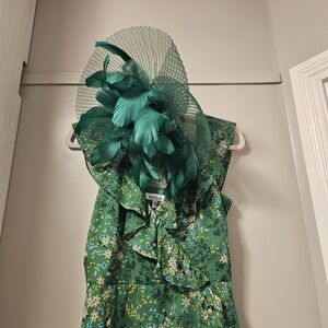 Kensie Emerald Floral Ruffle Dress with Teal Feather Fascinator